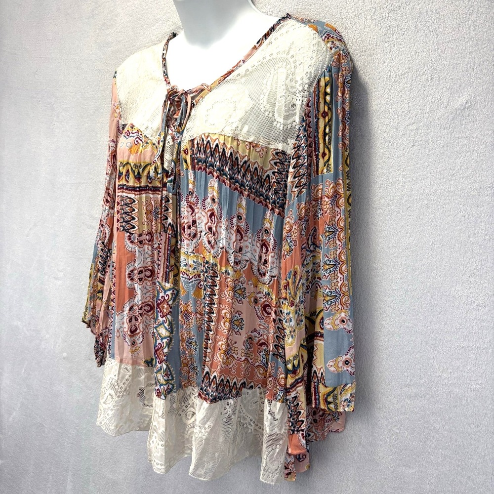 Melissa Paige Boho Tunic Blouse Top Womens Medium M Feminine Paisley Lace Hem - Picture 3 of 10